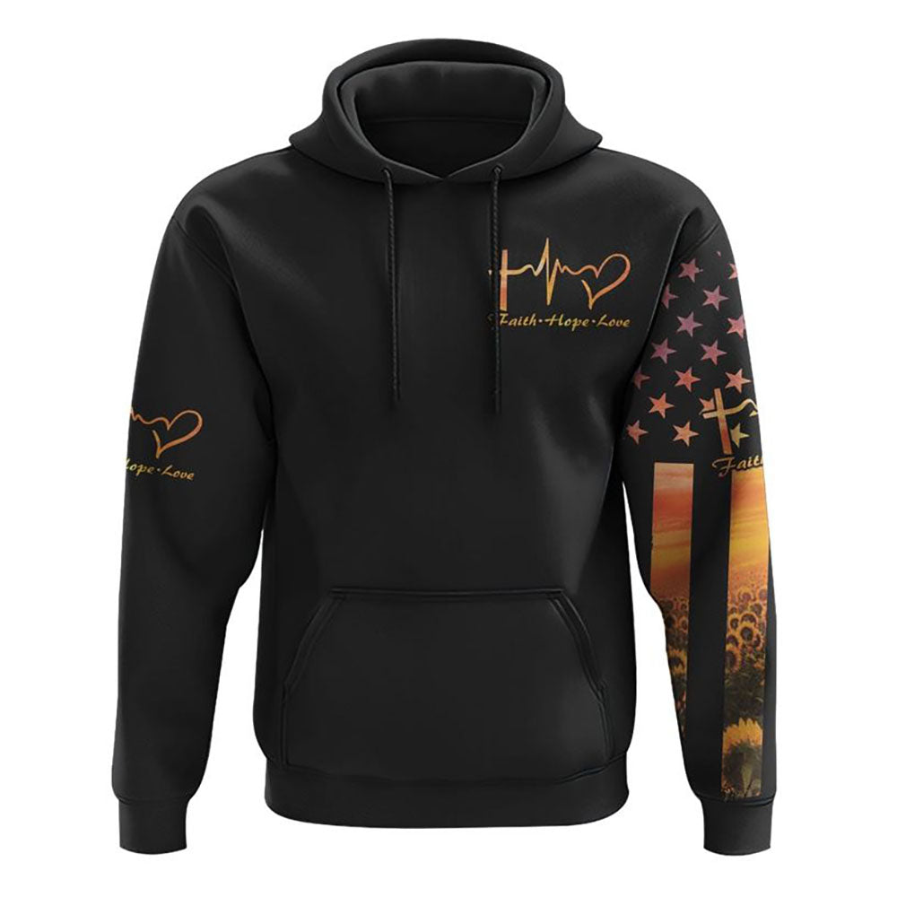 Faith Hope Love Heartbeat Sunflower Flag All Over Print 3D Hoodie, Christian Hoodie, Christian Sweatshirt, Bible Verse Shirt