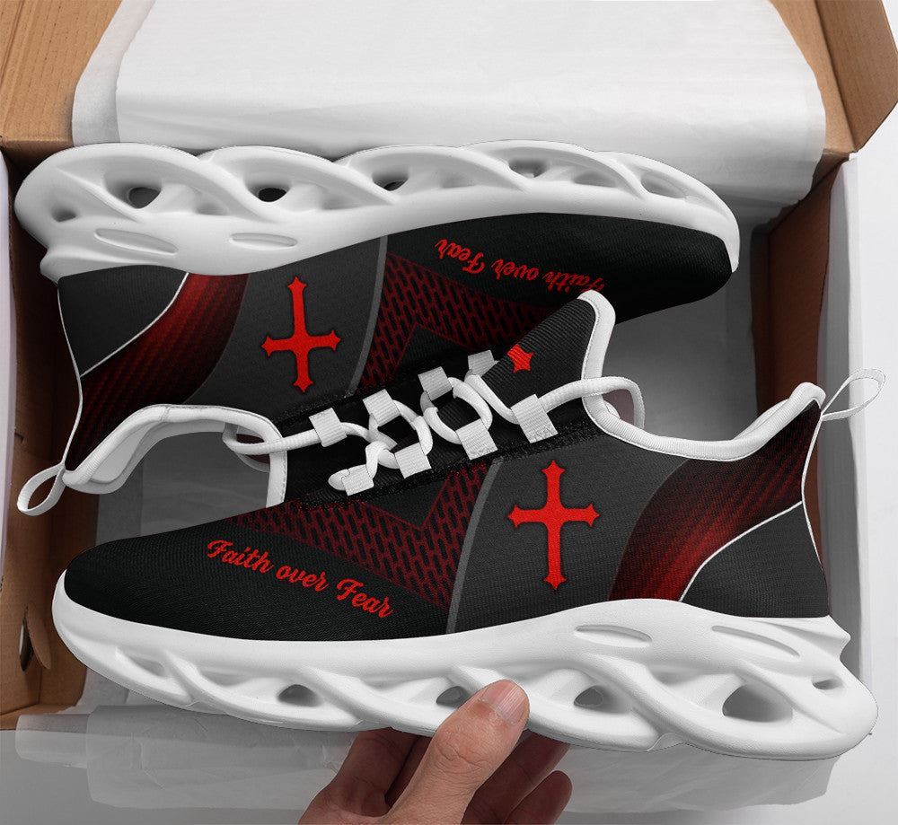 Christian Best Running Shoes, Jesus Faith Over Fear Running Sneakers Black Max Soul Shoes For Men And Women, Jesus Fashion Shoes