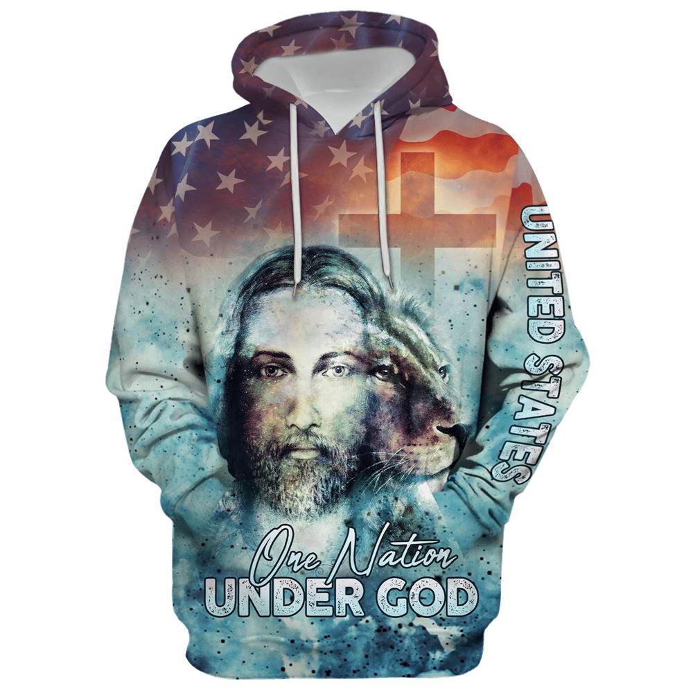 America One Nation Under God Hoodie, Jesus Christ Lion Of Judah American Flag Hoodie For Men & Women, Christian 3D Printed Hoodie