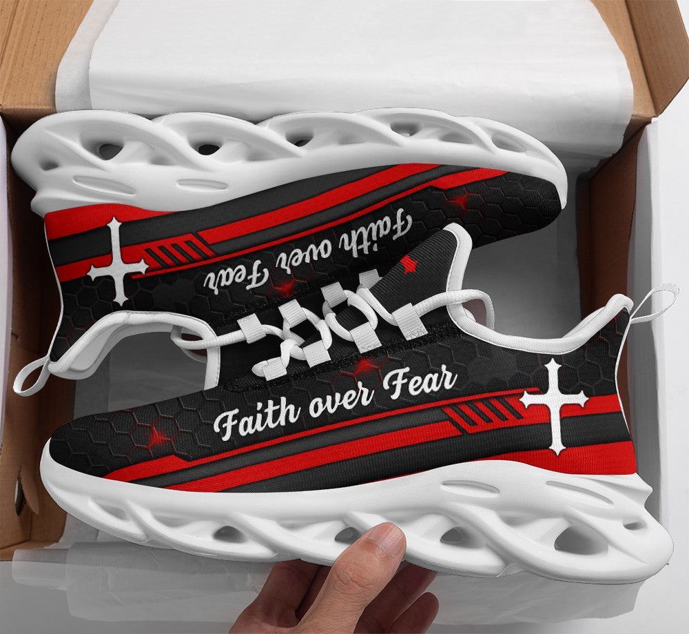 Christian Best Running Shoes, Jesus Red Black Faith Over Fear Running Sneakers Max Soul Shoes For Men And Women, Jesus Fashion Shoes