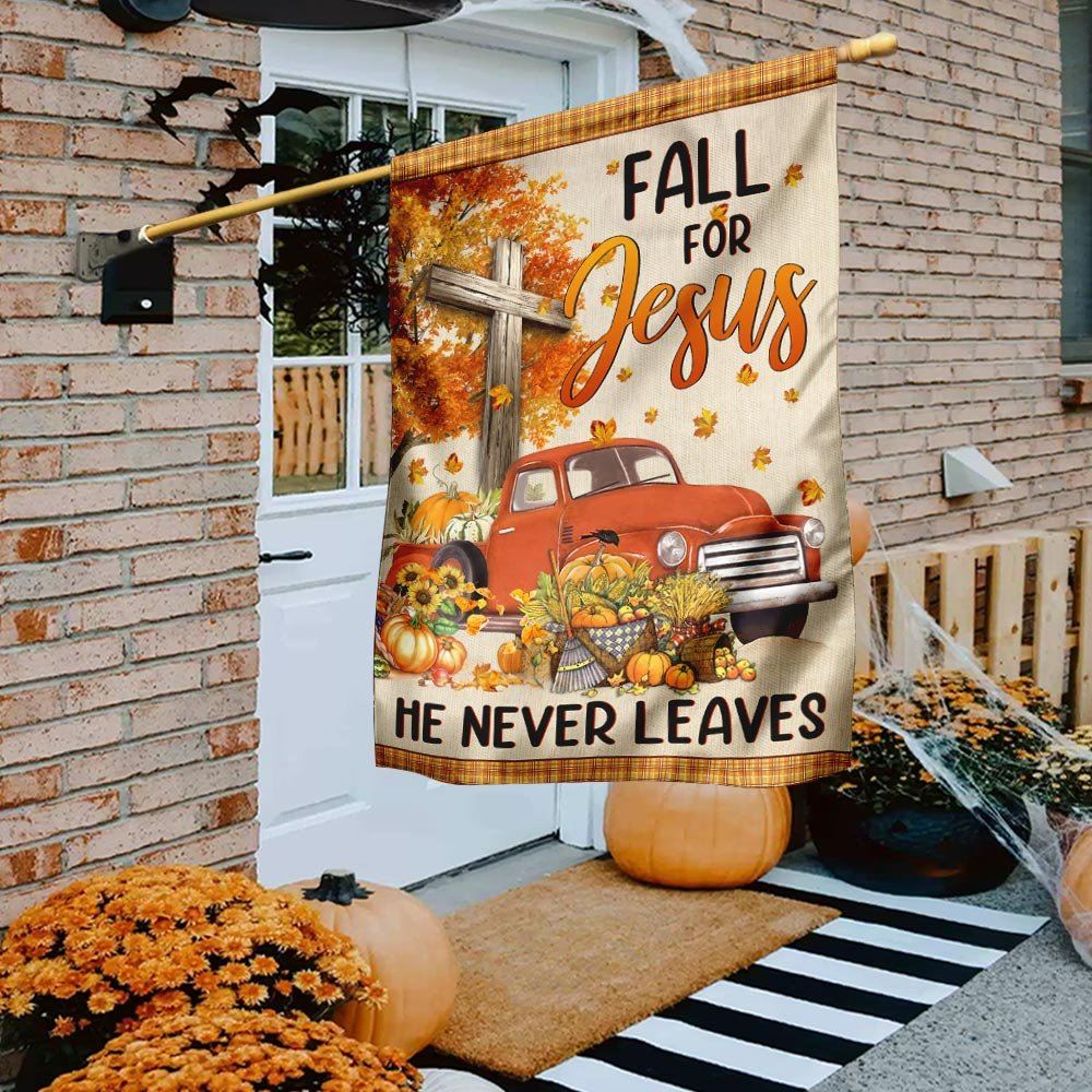 Fall Truck With Pumpkins Fall For Jesus He Never Leaves Halloween Flag, Christian Flag, Scripture Flag, Garden Banner