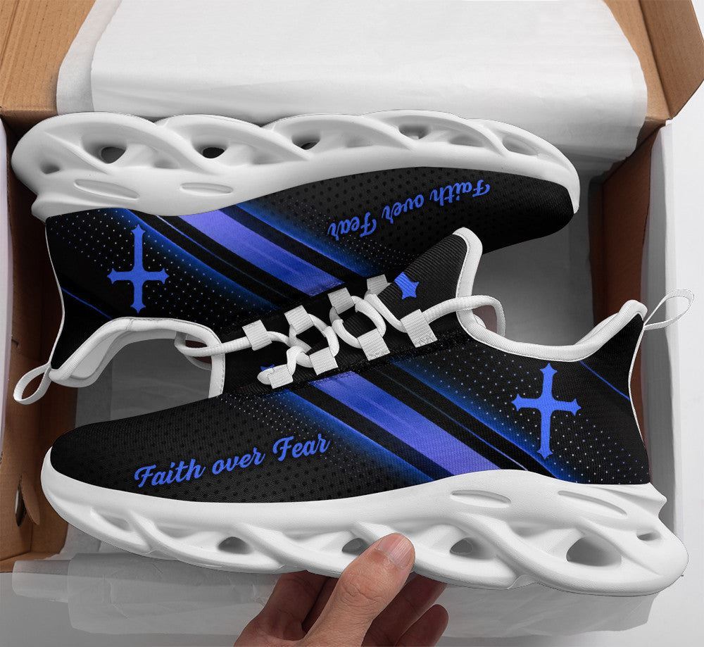 Christian Best Running Shoes, Jesus Black Blue Faith Over Fear Running Sneakers Max Soul Shoes For Men And Women, Jesus Fashion Shoes