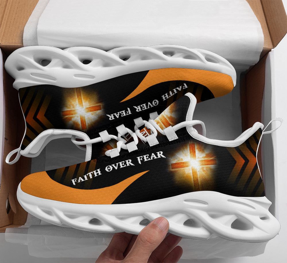 Christian Best Running Shoes, Jesus Yellow Faith Over Fear Running Sneakers Max Soul Shoes For Men And Women, Jesus Fashion Shoes