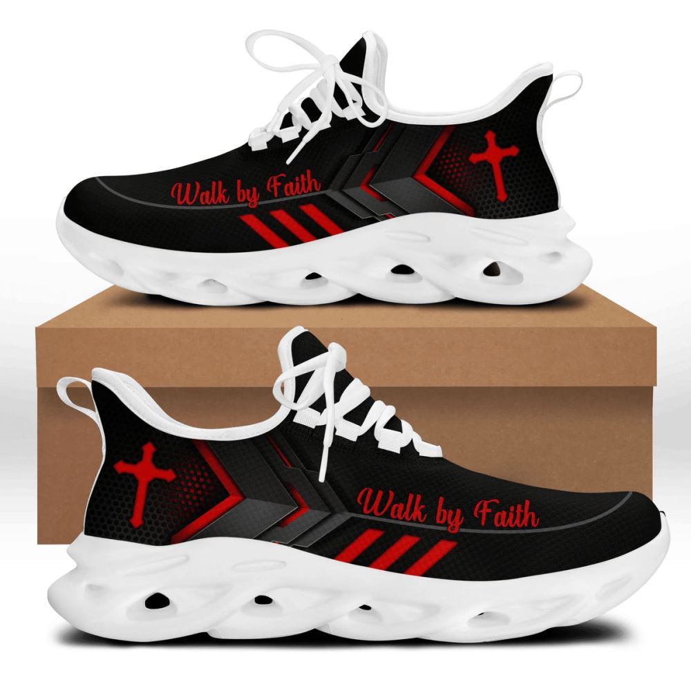 Christian Best Running Shoes, Jesus Walk By Faith Running Sneakers Red Black Art Max Soul Shoes For Men And Women, Jesus Fashion Shoes