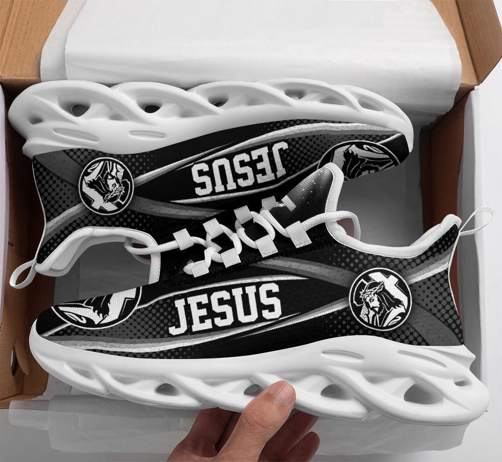 Christian Best Running Shoes, White And Black Jesus Running Sneakers Max Soul Shoes For Men And Women, Jesus Fashion Shoes