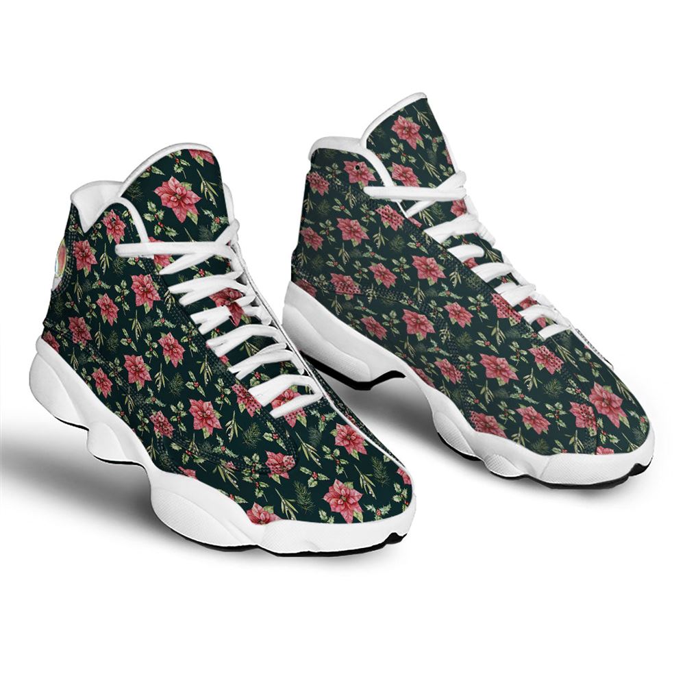 Christmas Basketball Shoes, Poinsettia Christmas Watercolor Print Pattern Jd13 Shoes For Men Women, Christmas Fashion Shoes