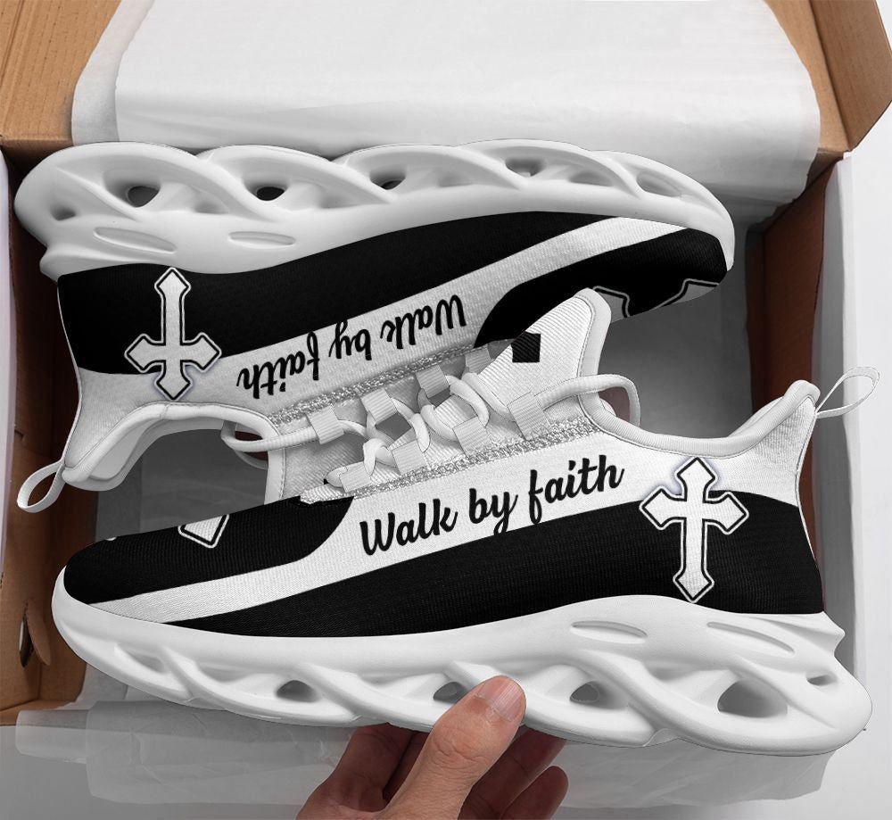 Christian Best Running Shoes, Jesus Walk By Faith Running Sneakers Black White Art Max Soul Shoes For Men And Women, Jesus Fashion Shoes