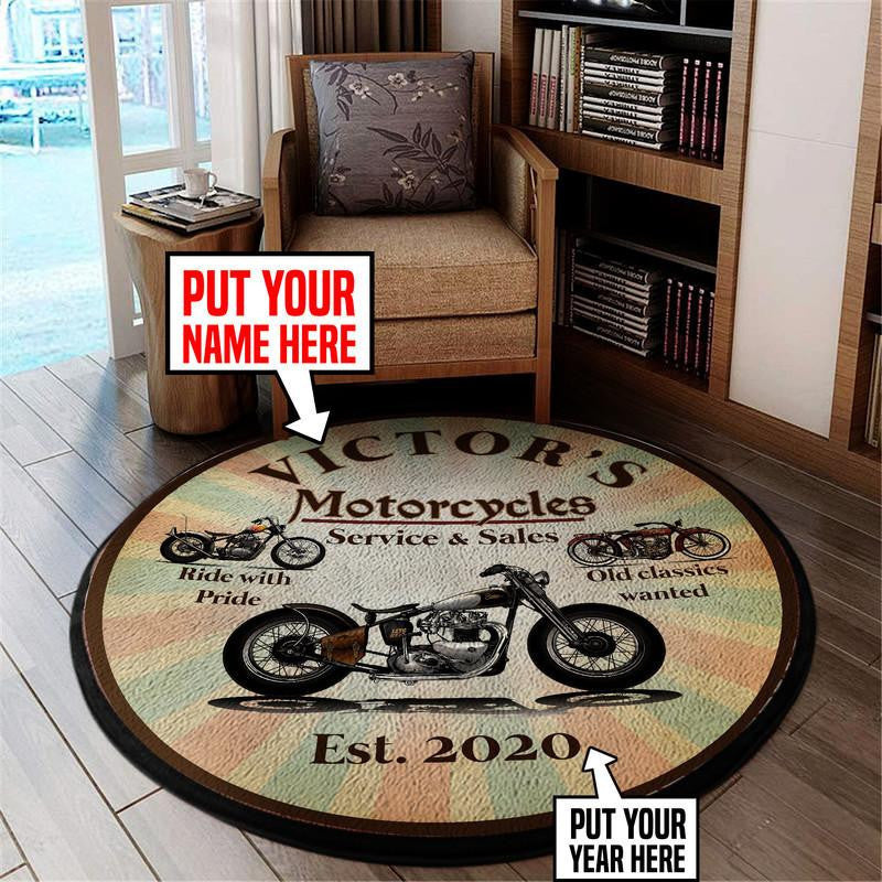 Personalized Motorcycle Garage Living Room Round Mat Circle Rug