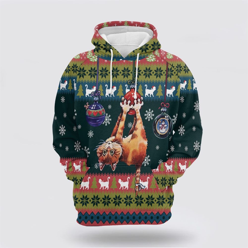 Cat Hanging On Christmas Tree All Over Print 3D Hoodie For Men And Women, Christmas Cat Hoodie, Christmas Hoodie Cute, Christmas Fashion