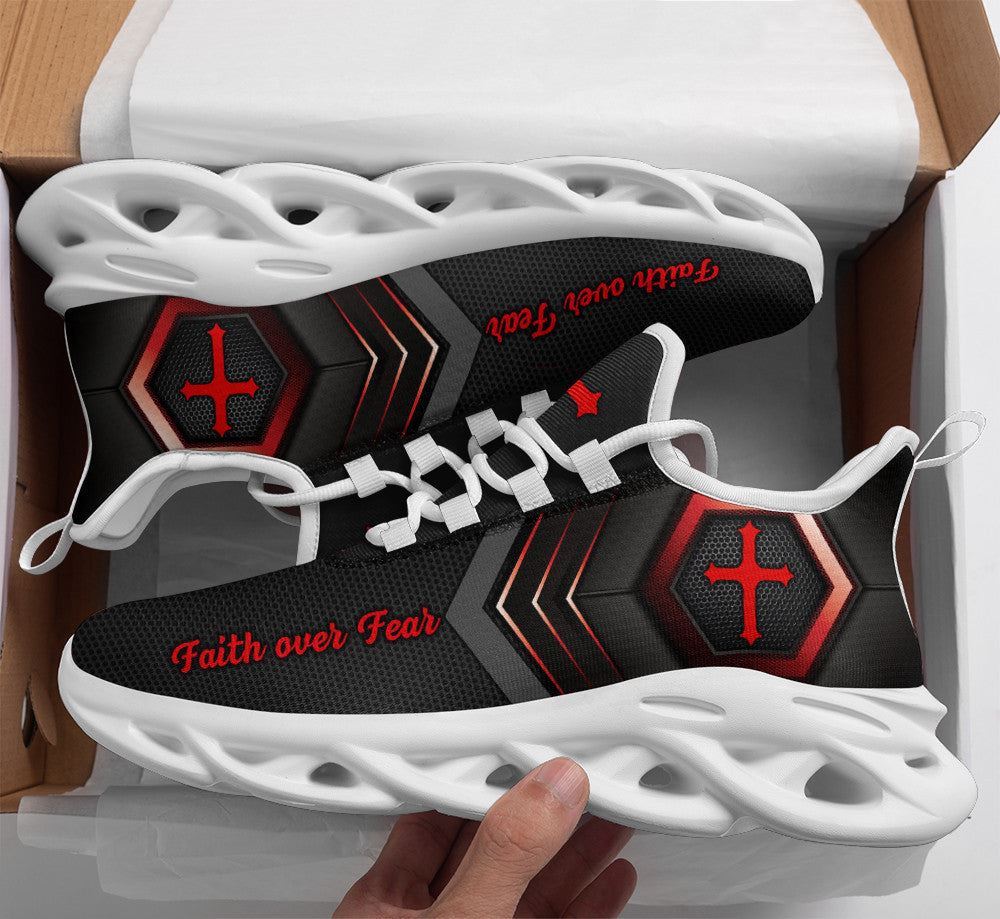 Christian Best Running Shoes, Jesus Faith Over Fear Running Sneakers Red Black Max Soul Shoes For Men And Women, Jesus Fashion Shoes