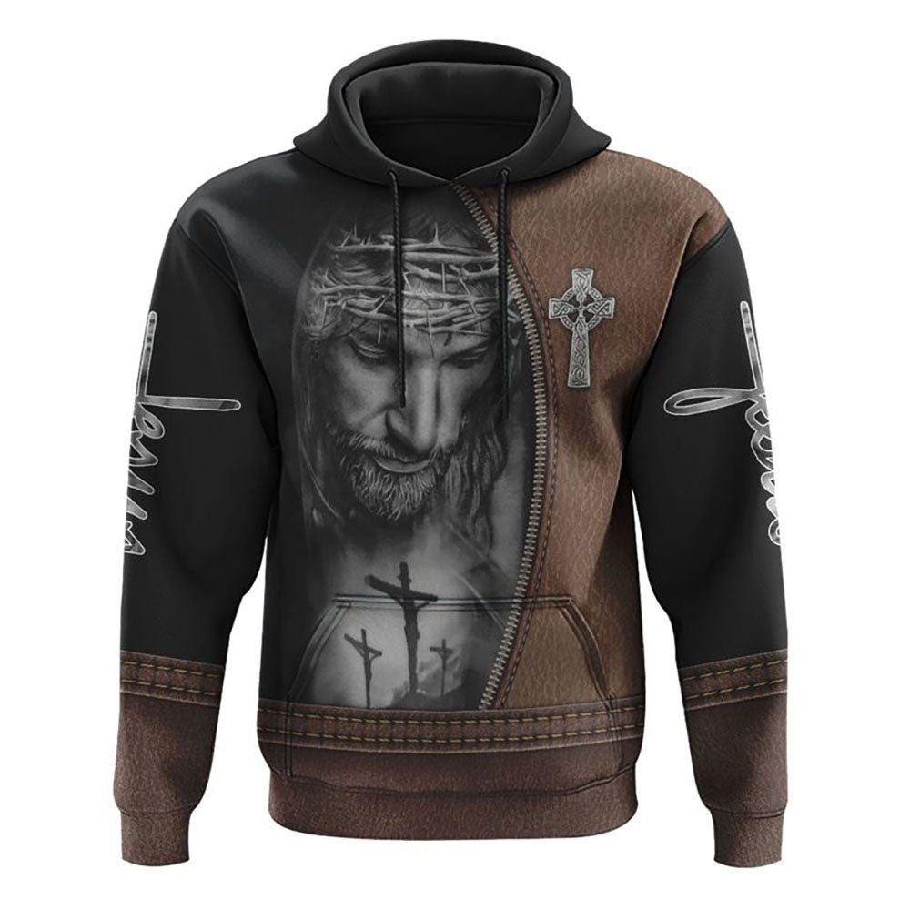 Faith Over Fear Jesus Cross Leather All Over Print 3D Hoodie, Christian Hoodie, Christian Hoodie, Bible Verse Shirt