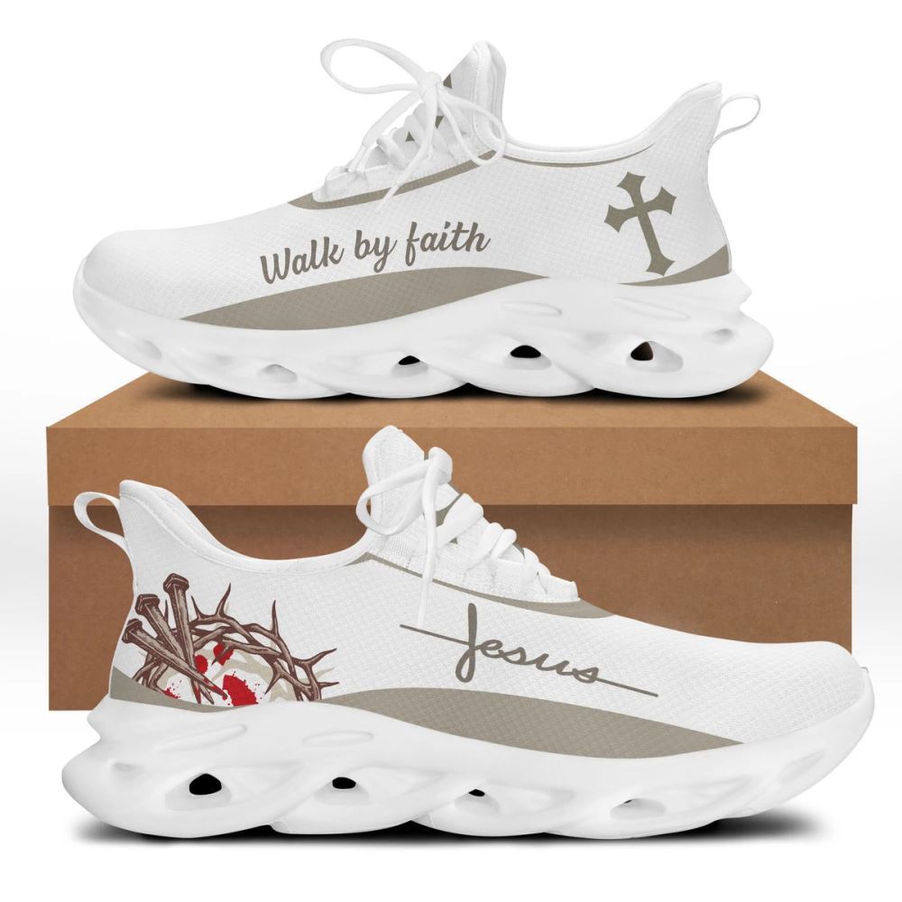 Christian Best Running Shoes, White Jesus Walk By Faith Running Sneakers Max Soul Shoes For Men And Women, Jesus Fashion Shoes