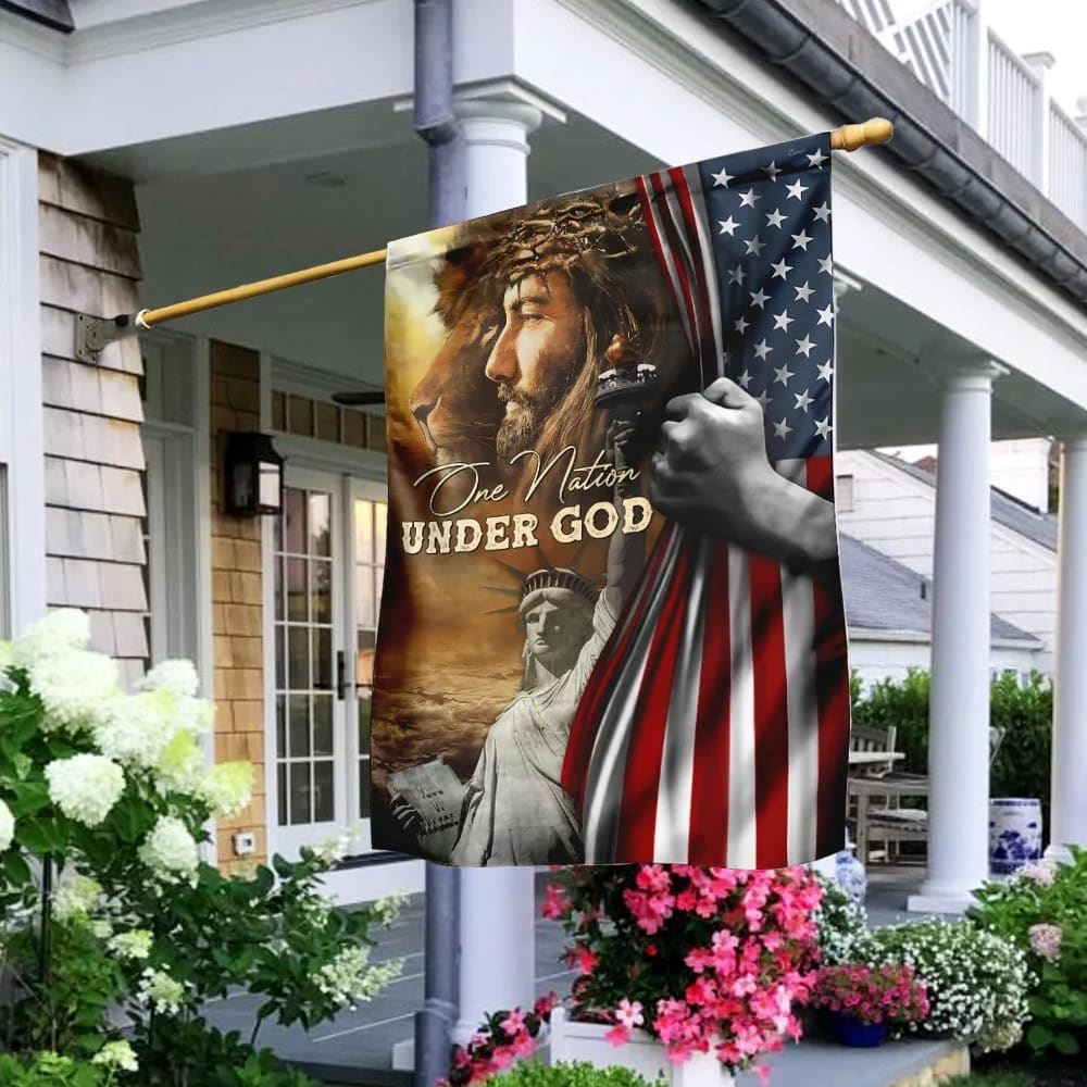 One Nation Under God Jesus Lion American House Flags, Christian Flag, Scripture Flag, Garden Banner