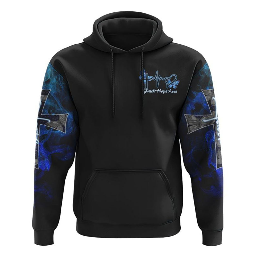 Faith Cross Blue Butterfly Smoke All Over Print 3D Hoodie, Christian Hoodie, Christian Sweatshirt, Bible Verse Shirt