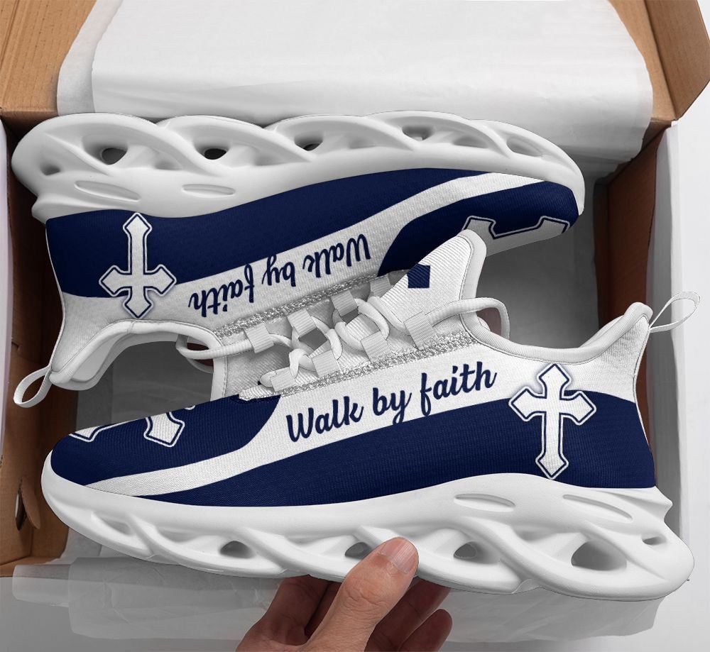 Christian Best Running Shoes, Jesus Walk By Faith Blue Running Christ Sneakers Max Soul Shoes For Men And Women, Jesus Fashion Shoes