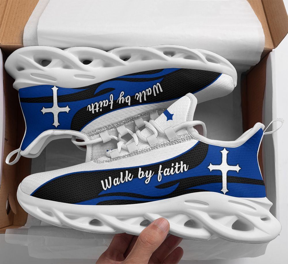 Christian Best Running Shoes, Blue Jesus Walk By Faith Running Christ Sneakers Max Soul Shoes For Men And Women, Jesus Fashion Shoes