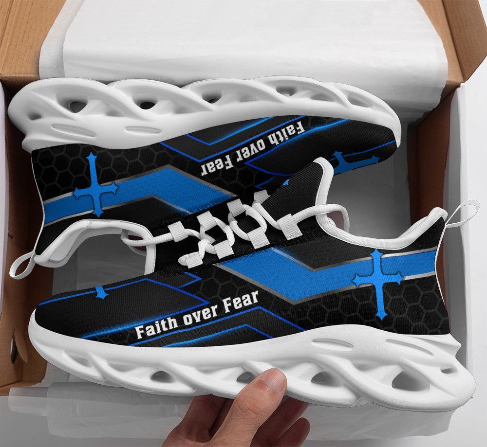 Christian Best Running Shoes, Jesus Faith Over Fear Running Sneakers Black Blue Max Soul Shoes For Men And Women, Jesus Fashion Shoes