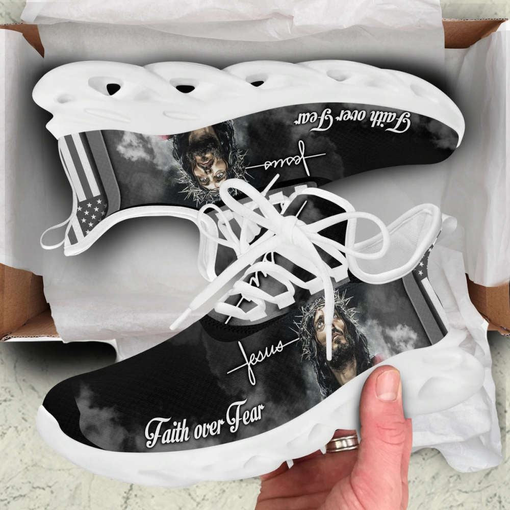 Christian Best Running Shoes, White And Black Jesus Faith Over Fear Running Sneakers Max Soul Shoes For Men And Women, Jesus Fashion Shoes