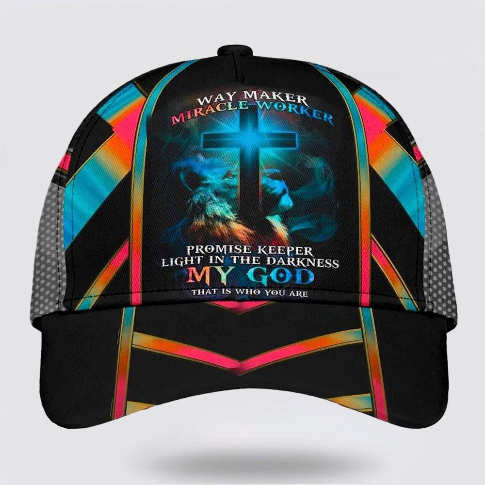 The Lion Cross Light Way Maker Miracle Worker Promise Keeper Classic All Over Print Baseball Cap, God Cap, Gift Ideas For Male