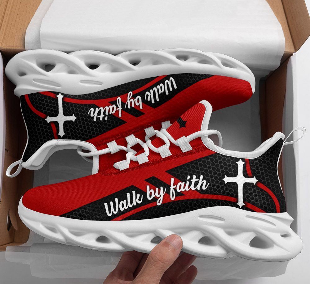 Christian Best Running Shoes, Jesus Walk By Faith Running Sneakers Red Christ Black Max Soul Shoes For Men And Women, Jesus Fashion Shoes