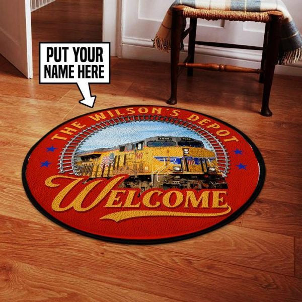 Personalized Union Pacific Train Depot Welcome Round Mat