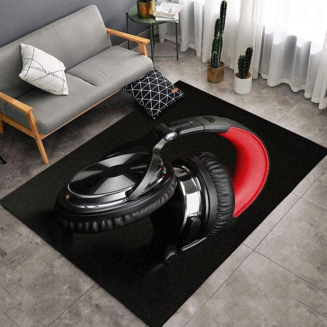 Dj Headphone Black Red Rectangle Rug Carpet Washable Rugs