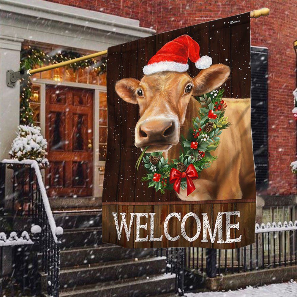 Welcome Farm Funny Cow Cattle Christmas Flag, Christmas Garden Flag, Home Decor Accessories, Christmas Outdoor Decor Ideas