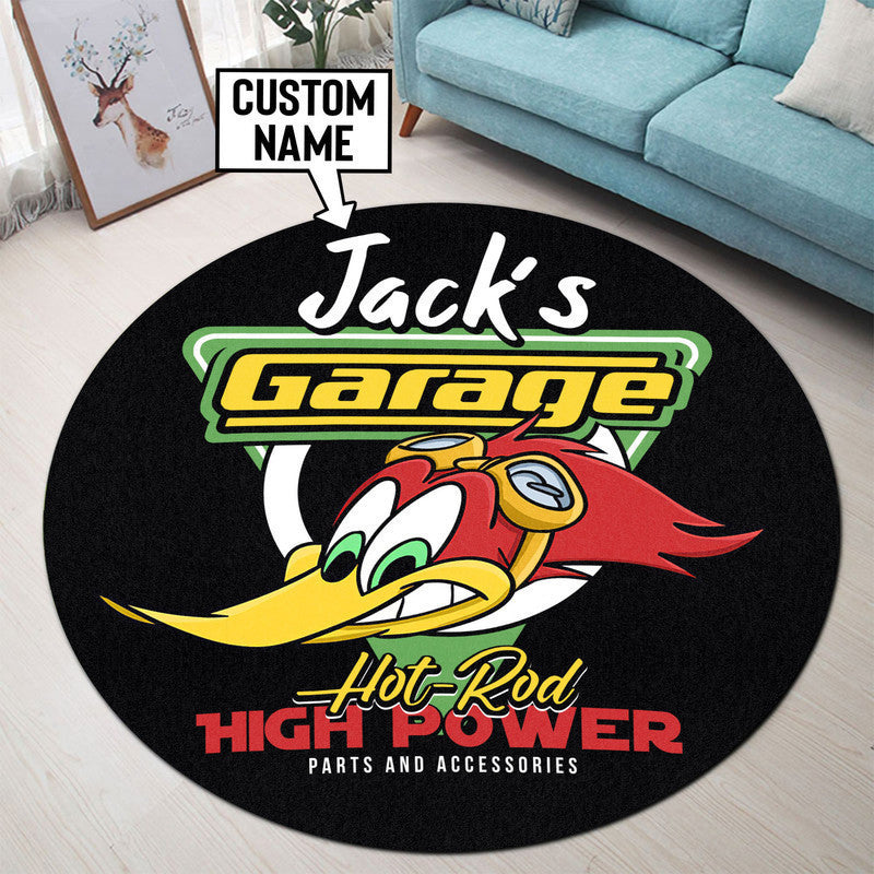 Personalized Hot Rod Garage Woodpecker Round Mat Round Floor Mat Room Rugs Carpet Outdoor Rug Washable Rugs