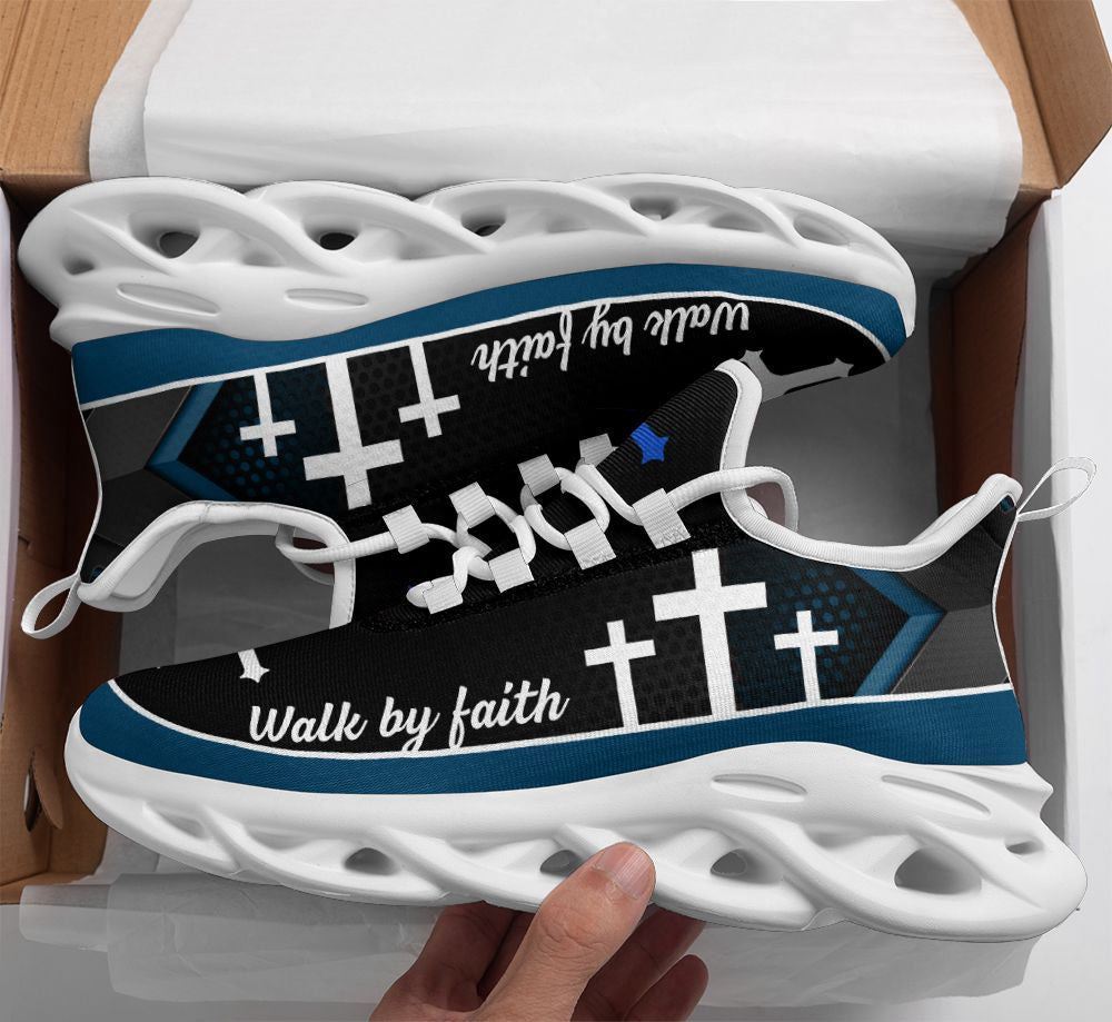 Christian Best Running Shoes, Jesus Walk By Faith Running Sneakers Christ Blue Max Soul Shoes For Men And Women, Jesus Fashion Shoes