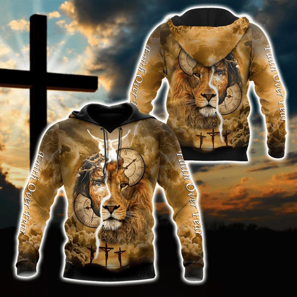 Failth Over Fear Lion Jesus God 3D Hoodie For Man And Women, Jesus Printed 3D Hoodie