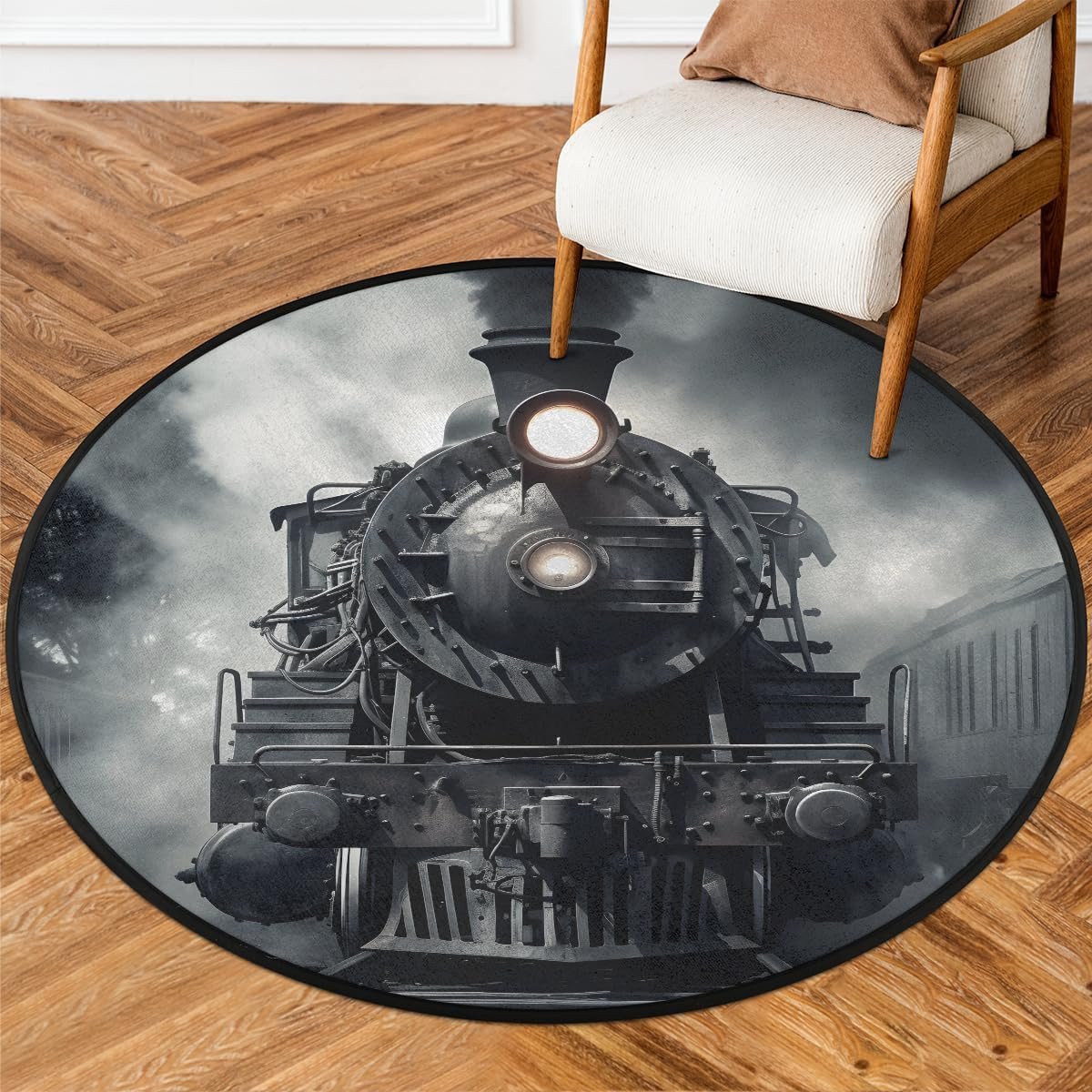 Vintage Locomotive Train Black Printed Round Mat