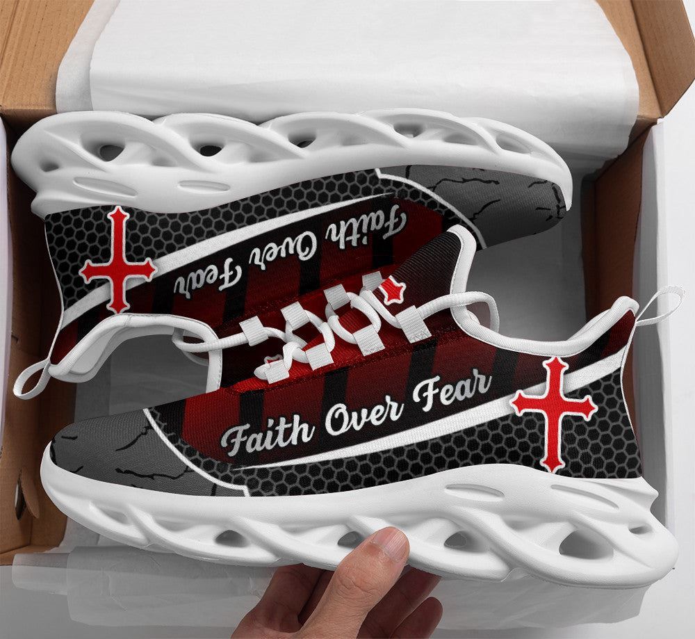 Christian Best Running Shoes, Jesus Faith Over Fear Red Black Running Sneakers Max Soul Shoes For Men And Women, Jesus Fashion Shoes