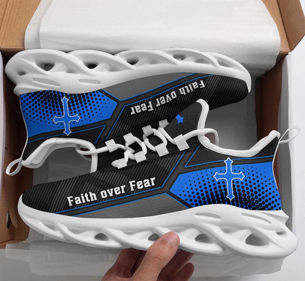 Christian Best Running Shoes, Jesus Faith Over Fear Blue Black Running Sneakers Max Soul Shoes For Men And Women, Jesus Fashion Shoes