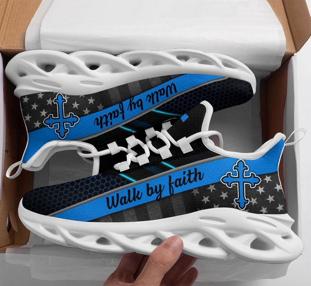 Christian Best Running Shoes, Jesus Blue Walk By Faith Running Sneakers Max Soul Shoes For Men And Women, Jesus Fashion Shoes