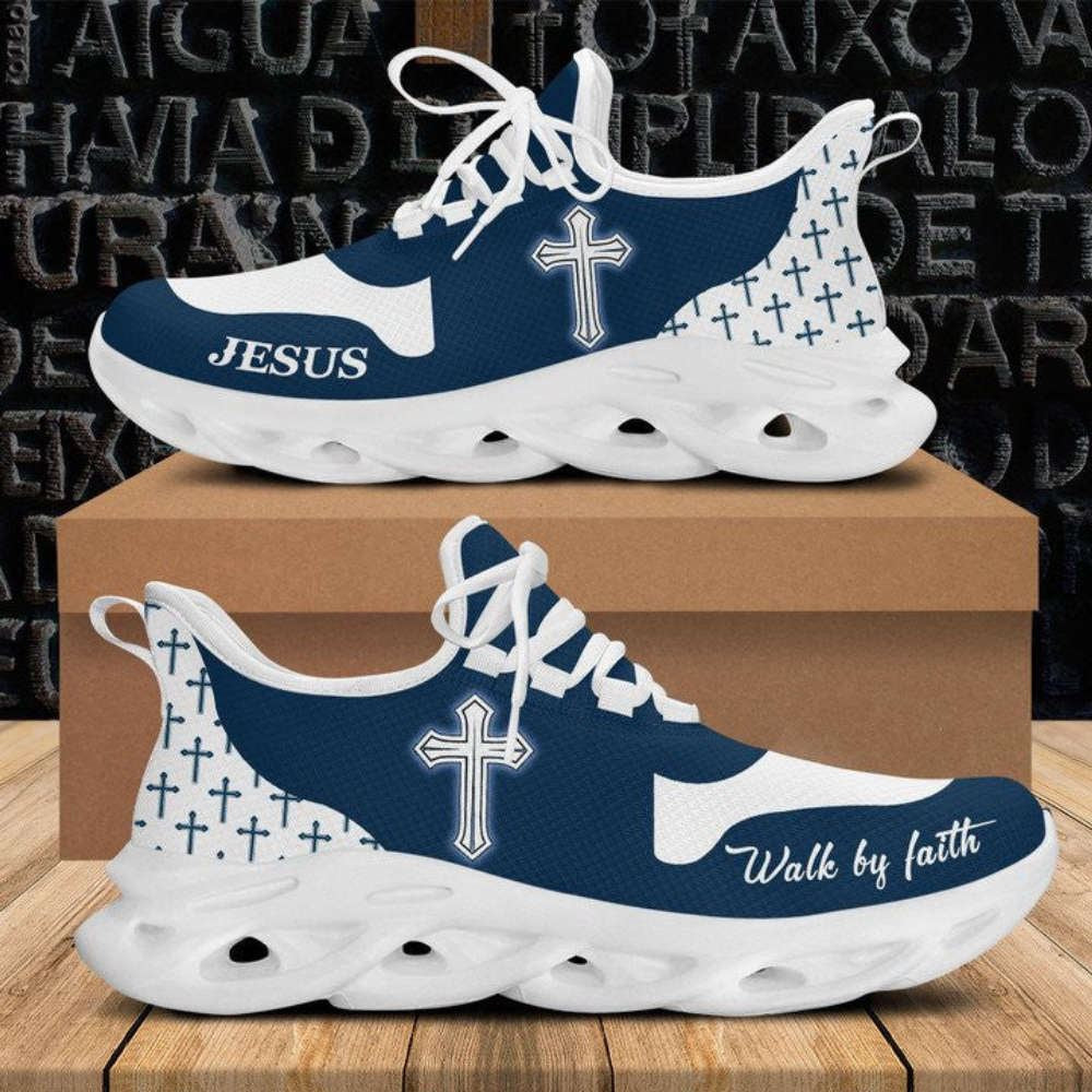 Christian Best Running Shoes, Jesus Walk By Faith Running Sneakers Blue White Max Soul Shoes For Men And Women, Jesus Fashion Shoes