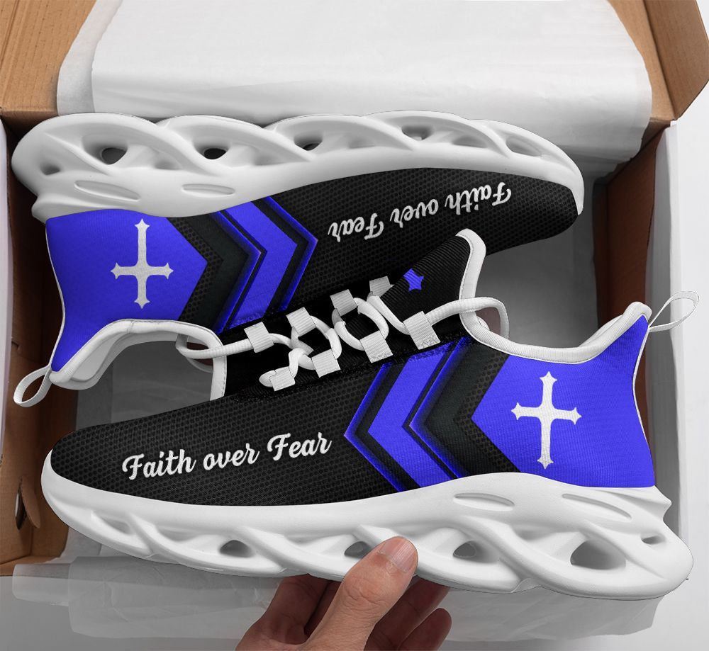 Christian Best Running Shoes, Jesus Faith Over Fear Running Sneakers Blue Black Max Soul Shoes For Men And Women, Jesus Fashion Shoes