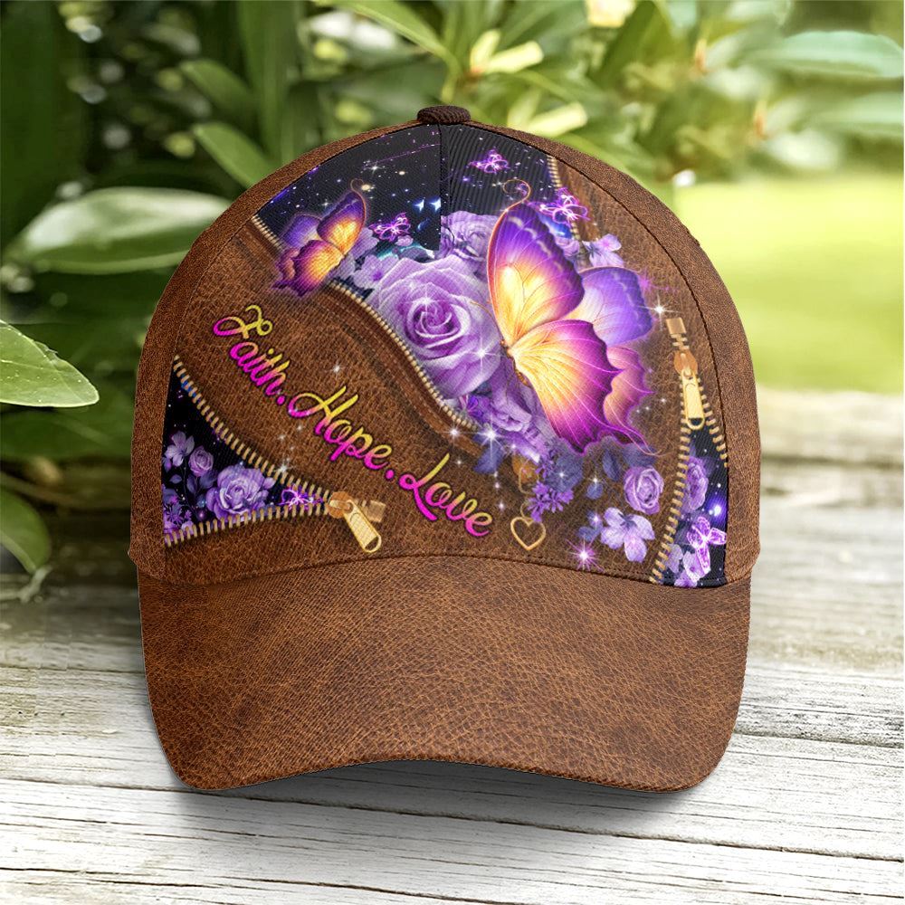 Faith Hope Love Magical Butterfly Purple Roses Leather Style All Over Print Baseball Cap, God Cap, Gift Ideas For Male