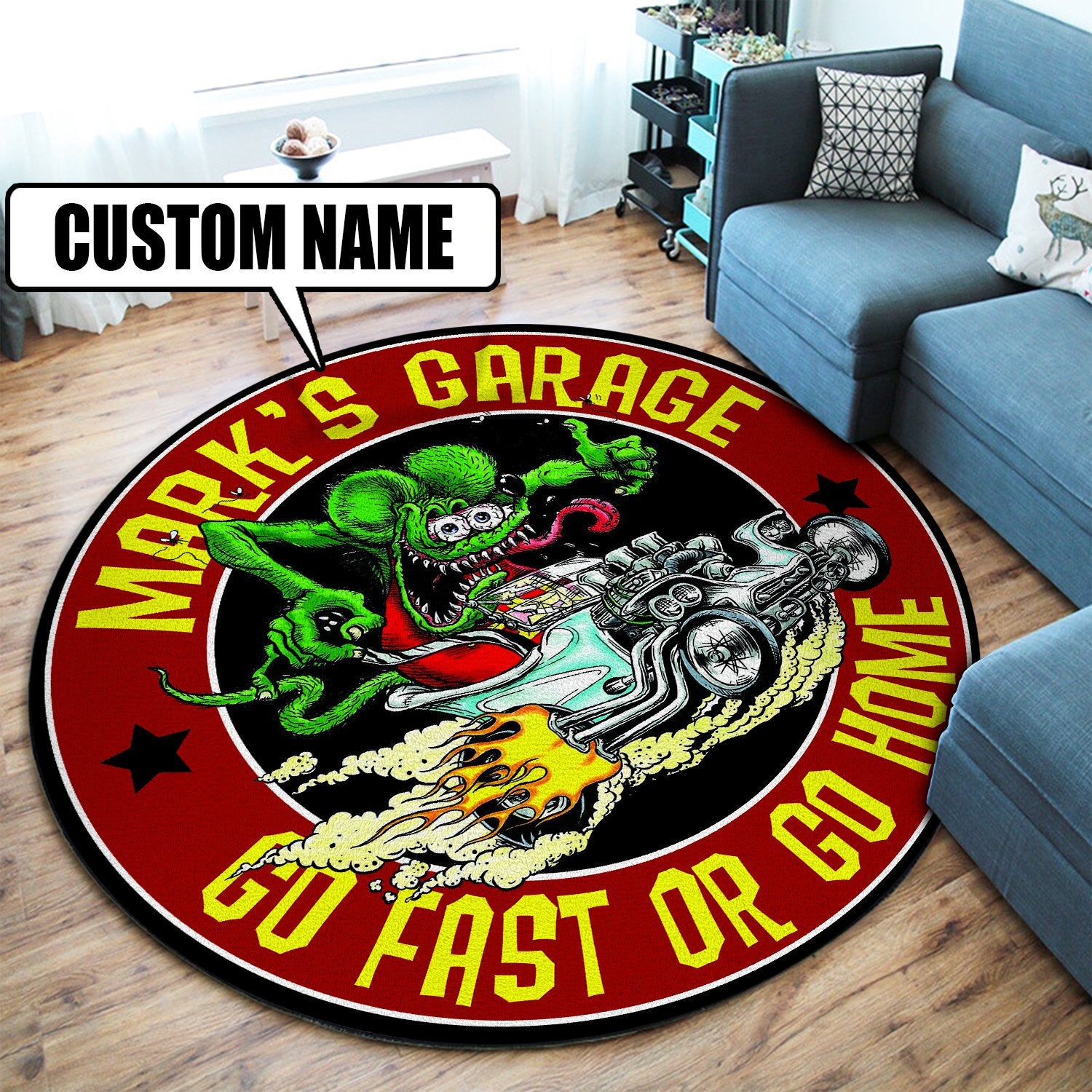 Personalized Hot Rod Garage Go Fast Or Go Home Round Mat Round Floor Mat Room Rugs Carpet Outdoor Rug Washable Rugs