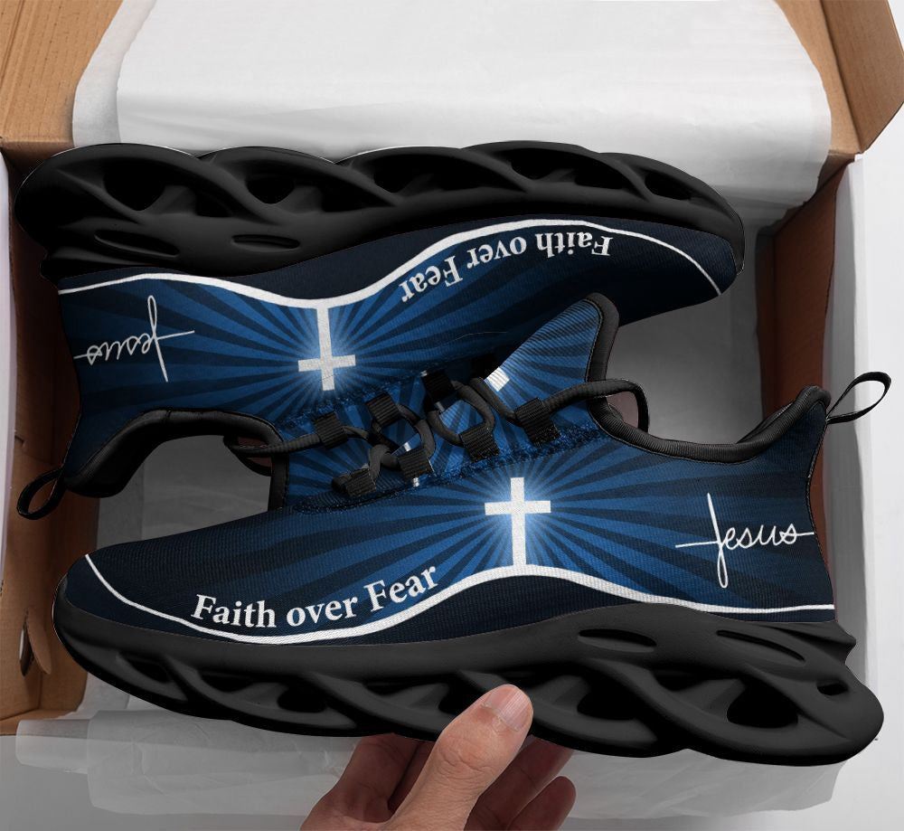 Christian Best Running Shoes, Jesus Faith Over Fear Running Sneakers Blue Max Soul Shoes For Men And Women, Jesus Fashion Shoes