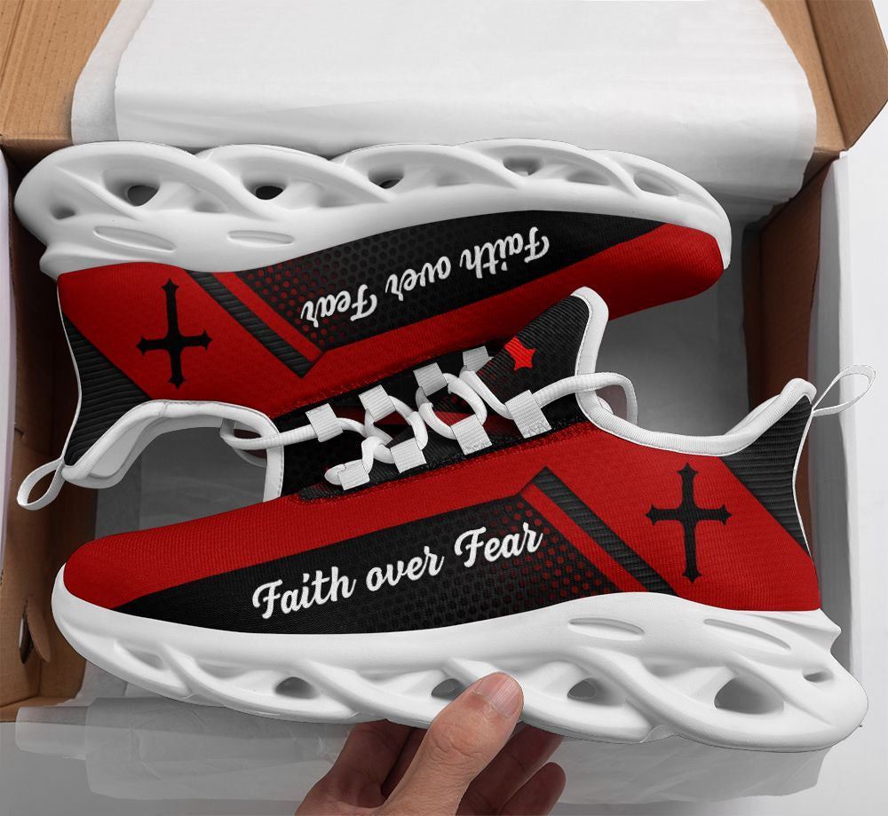 Christian Best Running Shoes, Jesus Faith Over Fear Red Running Sneakers Max Soul Shoes For Men And Women, Jesus Fashion Shoes