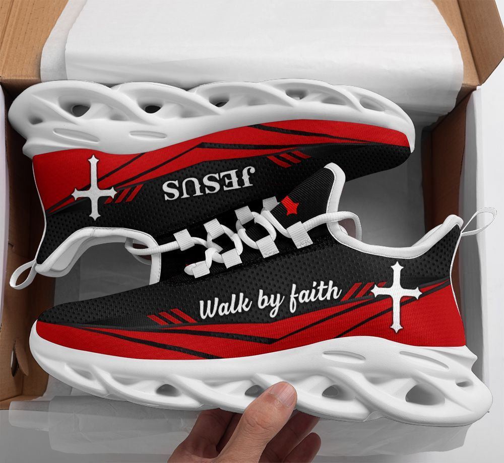 Christian Best Running Shoes, Jesus Walk By Faith Red Running Shoes Max Soul Shoes For Men And Women, Jesus Fashion Shoes