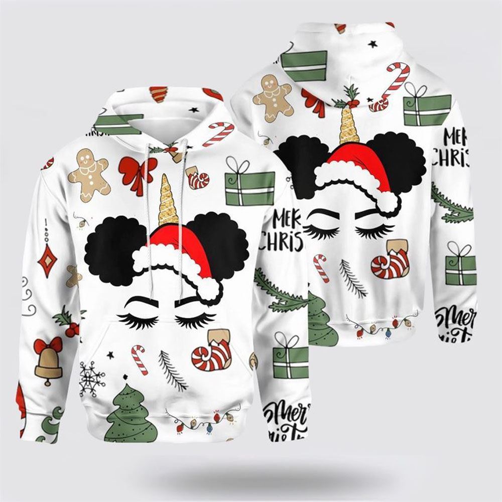 Christmas Unicorn Black Girl Santa Claus All Over Print 3D Hoodie For Men & Women, Christmas Hoodie Cute, Christmas Gift, Christmas Fashion