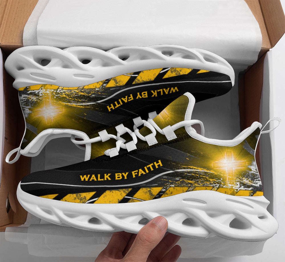 Christian Best Running Shoes, Jesus Walk By Faith Running Sneakers Yellow Max Soul Shoes For Men And Women, Jesus Fashion Shoes