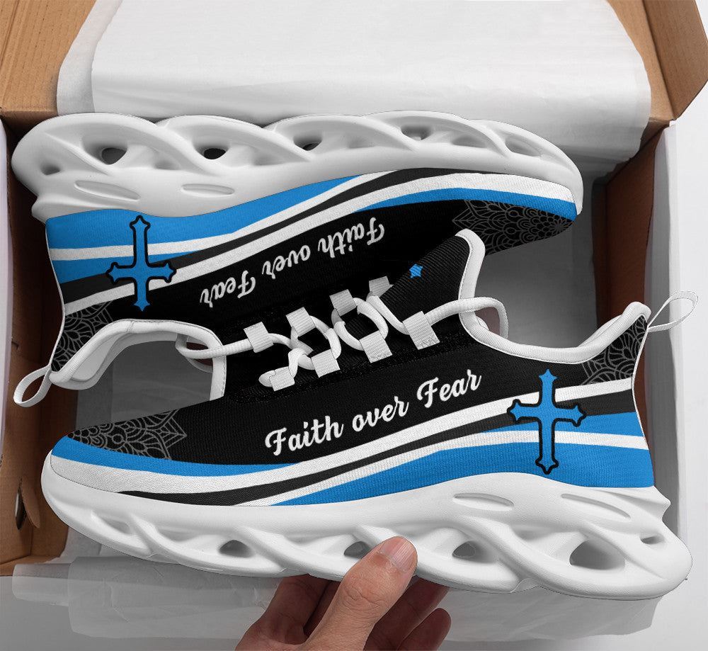 Christian Best Running Shoes, Jesus Faith Over Fear Running Sneakers Blue And White Max Soul Shoes For Men And Women, Jesus Fashion Shoes