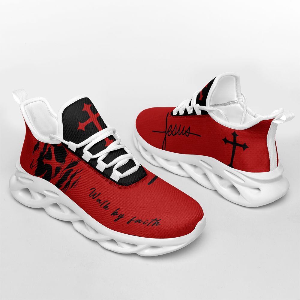 Christian Best Running Shoes, Jesus Red Walk By Faith Running Sneakers Max Soul Shoes For Men And Women, Jesus Fashion Shoes