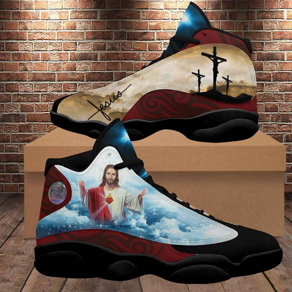 Cross Jesus Portrait Art With Heart Jd13 Shoes For Man And Women, Christian Basketball Shoes, Gift For Christian, God Shoes