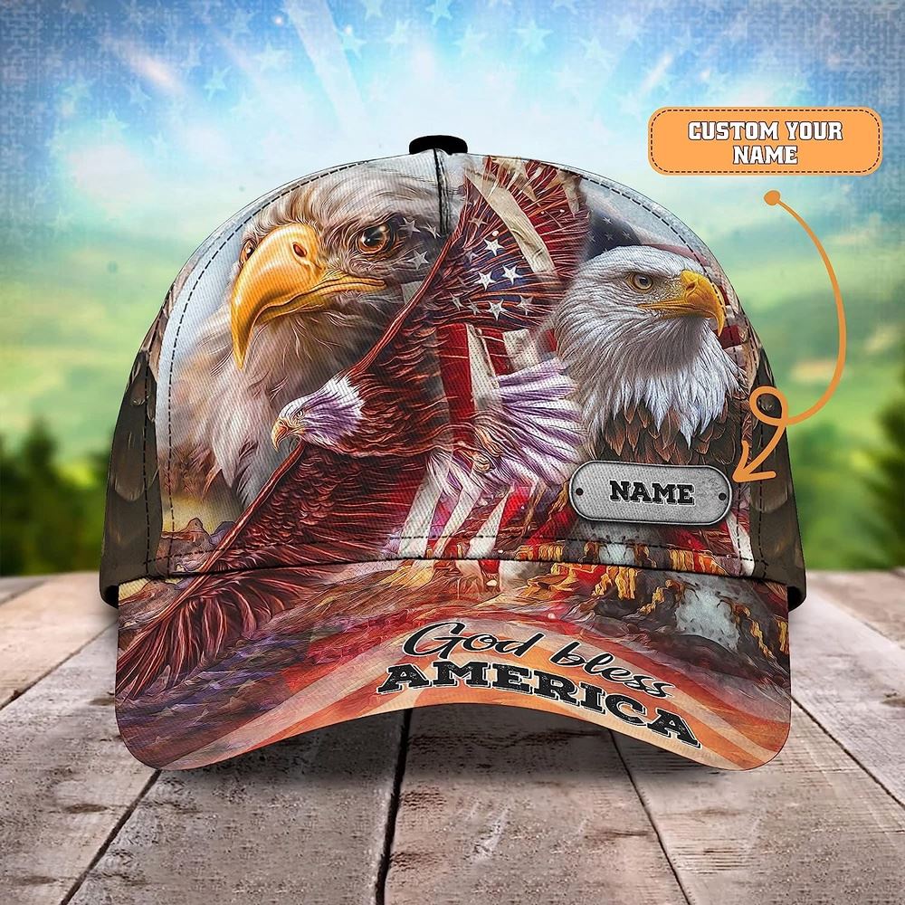 Us Bald Eagle God Bless America Custom Name Baseball Cap, Christian Baseball Cap, Religious Cap, Jesus Gift, Jesus Hat