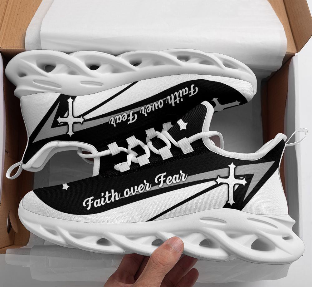 Christian Best Running Shoes, Jesus Faith Over Fear Running Sneakers Black And White Max Soul Shoes For Men And Women, Jesus Fashion Shoes