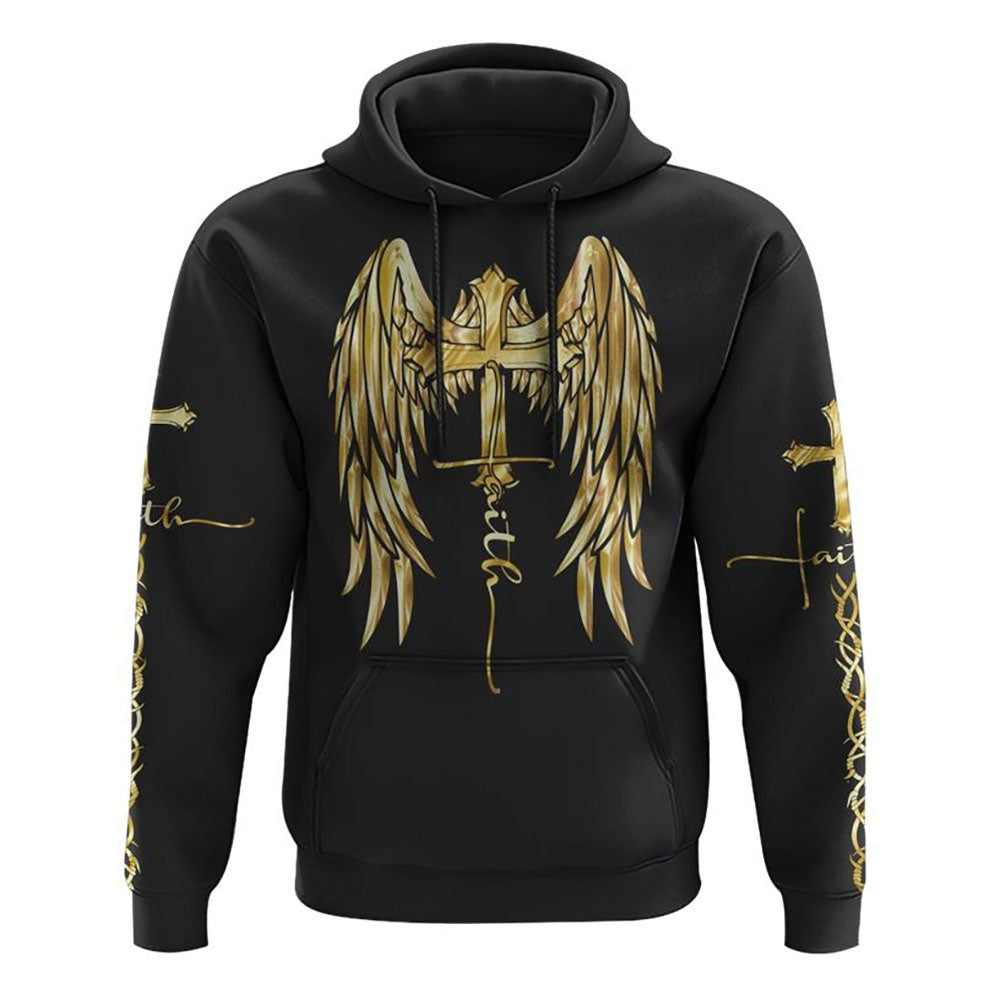 Gold Faith Wings Cross All Over Print 3D Hoodie, Christian Hoodie, Christian Hoodie, Bible Verse Shirt