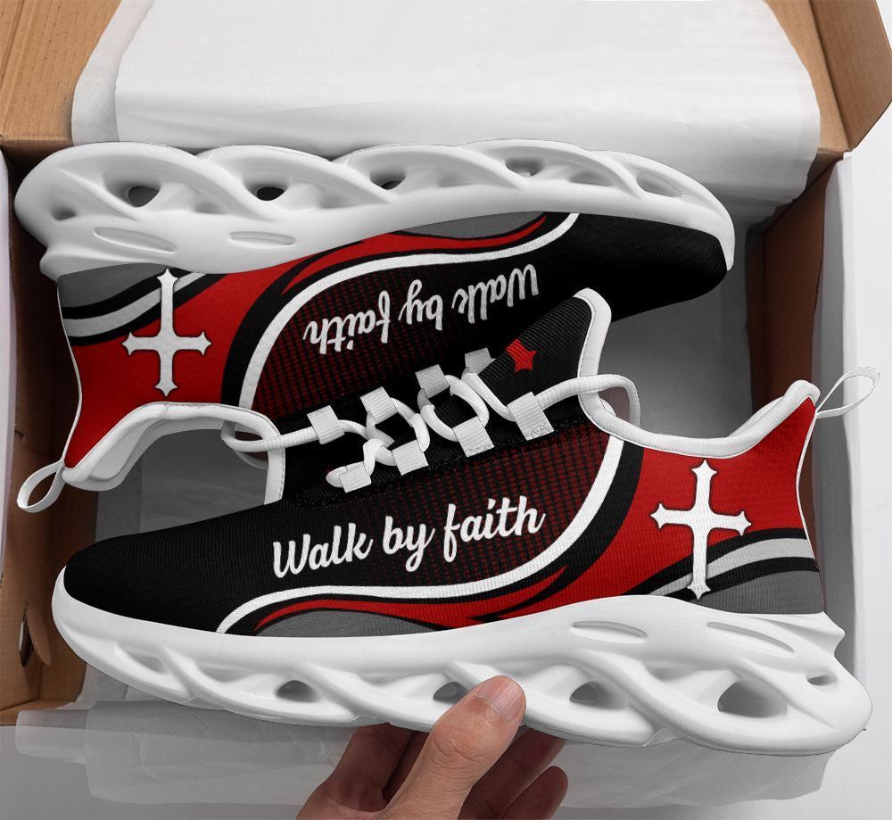 Christian Best Running Shoes, Jesus Walk By Faith Running Sneakers Red Black Max Soul Shoes For Men And Women, Jesus Fashion Shoes